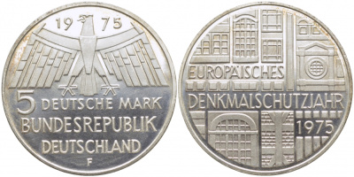 ФРГ 5 марок 1975 F, Европейский год охраны памятников J. 417, KM 142.1 серебро 109-646
