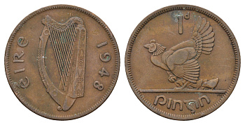 Ирландия 1 пенни 1948 курица с цыплятами KM 11 бронза 4672-814