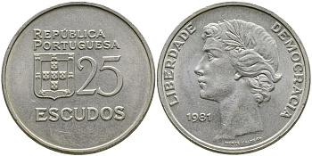 ПОРТУГАЛИЯ 25 ЭСКУДО 1981 KM 607а медно-никель 1524-834