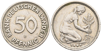 ФРГ 50 пфеннигов 1949 D KM 104, J. 379 медно-никель 4132-1153