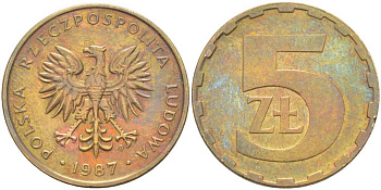 ПОЛЬША 5 ЗЛОТЫХ 1987 MW KM 81.2 латунь 89-1727