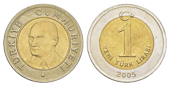 Турция 1 лира 2005 Кемаль Ататюрк KM 1169 биметалл UNC 4577-657