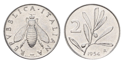 Италия 2 лиры 1954 R, оливковая ветвь, пчела KM 94 алюминий UNC 4649-925