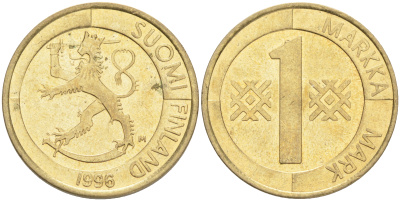 Финляндия 1 марка 1996 M KM 76 алюминиевая бронза 4556-521