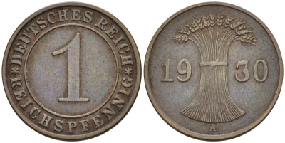 Германия 1 рейхспфенниг 1930 A KM 37, J.313, Weege 2 медь 4585-616