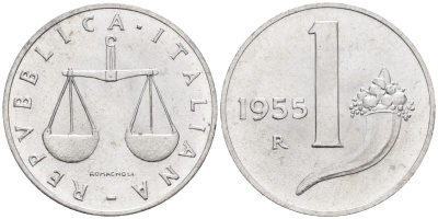 Италия 1 лира 1955 R, весы KM 91 алюминий  UNC  4594-743