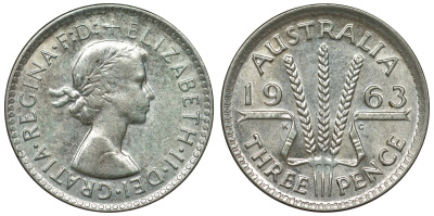 Австралия 3 пенса 1963 m, Елизавета II (1952-2022) KM 57 серебро 71-923