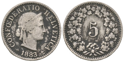 Швейцария 5 раппенов 1883 B KM 26 медно-никель 37-247