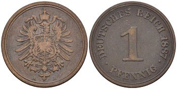 ГЕРМАНИЯ 1 ПФЕННИГ 1887 A, СТАРОГЕРБОВКА KM 1, J. 1, Weege 1 медь 206-1251