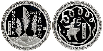 Сан-Марино 5 евро 2008 Олимпиада в Пекине, танец с лентами KM 513 серебро PROOF 4-3-2-05