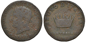 Италия, королевство Наполеон 1 чентезимо 1810 M, французское правление С 1.2 медь 4164-624