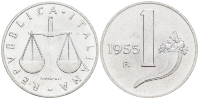 Италия 1 лира 1955 R, весы KM 91 алюминий  UNC  4594-152