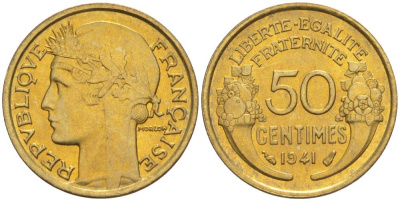 Франция 50 сантимов 1941 тип Морлон KM 894.1, Le Franc 192.18 алюминиевая бронза 44-362