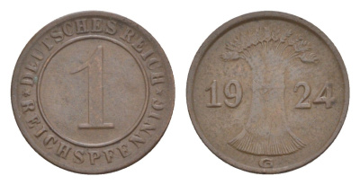 Германия 1 рейхспфенниг 1924 G KM 37, J. 313 бронза 4644-1031