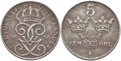 Швеция 5 эре 1950 Густав V (1907-1950) KM 812 железо 115-923