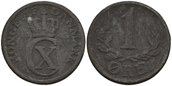 Дания 1 эре 1943 N; S, Кристиан X (1912-1947) KM 832 цинк 4154-1162