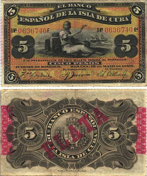 Куба 5 песо 1896 Испанская Администрация, красная надпечатка PLATA Pick 48b бумага XF 7191-23-2-2