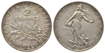 ФРАНЦИЯ 2 ФРАНКА 1920 KM 845.1 серебро 1522-1213