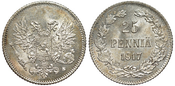 Россия для Финляндии 25 пенни 1917 S, временное правительство, без короны KM 19, Биткин 2 серебро 75-1447
