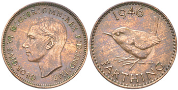 Великобритания 1 фартинг 1946 Георг VI (1936-1952) KM 843, Spink 4116 бронза 4613-516