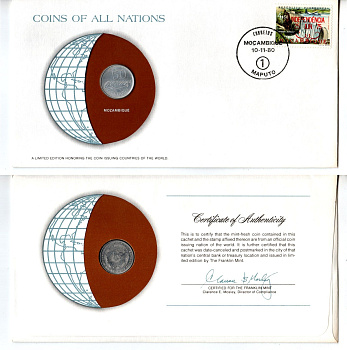 Мозамбик 50 сентаво 1980 конверт с маркой первого дня гашения, Coins of Nations KM 98 алюминий UNC 4294-1-2