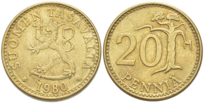 ФИНЛЯНДИЯ 20 ПЕННИ 1980 К KM 47 алюминиевая бронза 217-1141