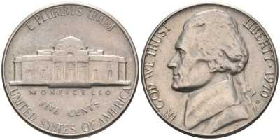 США 5 центов 1970 D, Джефферсон KM А192 медно-никель 92-1147