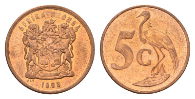ЮАР 5 центов 1998 герб, райский журавль KM 160 сталь плакированная медью UNC 4687-223