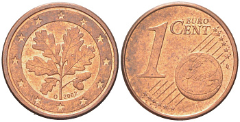 Германия 1 евроцент 2002 D KM 207 сталь плакированная медью 4614-667