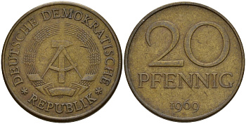 ГДР 20 пфеннигов 1969 A, первый год KM 11 латунь 92-734
