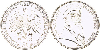 ФРГ 5 марок 1968 G, 500 лет со дня смерти Иоганна Гутенберга KM 122, J. 397 серебро 413-1341
