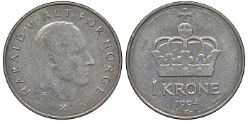 Норвегия 1 крона 1994 Харальд V (1991-) KM 436 медно-никель 4128-1111