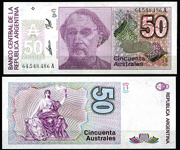 Аргентина 50 аустралей 1986 серия А 64548, Бартоломе Митре, Аргентинский политик, полководец Pick 326 b бумага UNC (пресс)   447-4-2