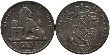 БЕЛЬГИЯ 2 САНТИМА 1863 BELGES KM 4.2 медь 4395-1126