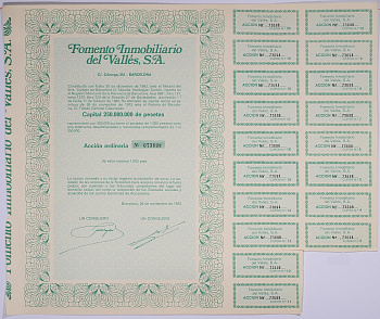 Испания акция на 1000 песет 1973 Fomento Inmobiliario del Valles, S.A., Барселона 1973, с купонами бумага 5548-34-1-2