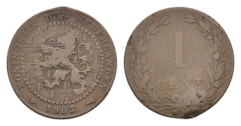 Нидерланды 1 цент 1902 Вильгельмина (1890-1948) KM 132 бронза 73-141