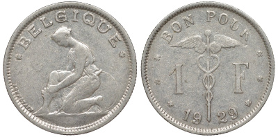 Бельгия 1 франк 1929 Belgique KM 89 никель 51-2044