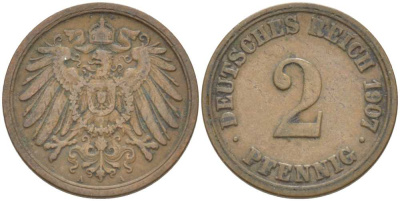 ГЕРМАНИЯ 2 ПФЕННИГА 1907 A KM 16, J. 11, Weege 4 медь 212-331