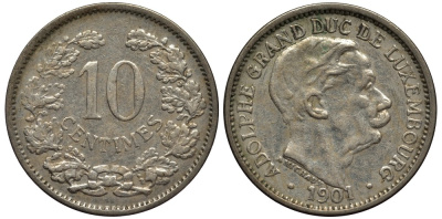 ЛЮКСЕМБУРГ 10 САНТИМОВ 1901 ВЕЛИКИЙ ГЕРЦОГ АДОЛЬФ (1890-1905) КМ 25 медно-никель 4538-657