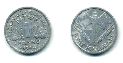 ФРАНЦИЯ 1 ФРАНК 1944 С, ТИП LEGERE, ПРАВИТЕЛЬСТВО ВИШИ KM 902.2, LE FRANC 223.7 алюминий 84-442