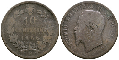 ИТАЛИЯ 10 ЧЕНТЕЗИМО 1866 М, ВИКТОР ЭММАНУИЛ II (1861-1878) KM 11.1 медь 4381-1026