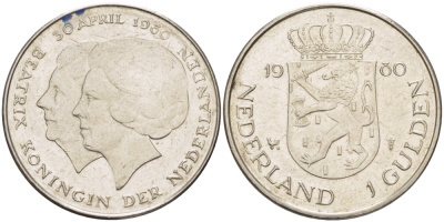 Нидерланды 1 гульден 1980 на коронацию Беатрикс, 30 апреля 1980 KM 200 никель 31-827