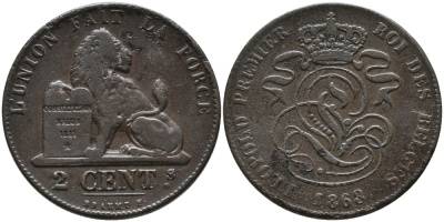 БЕЛЬГИЯ 2 САНТИМА 1863 BELGES KM 4.2 медь 4395-1126