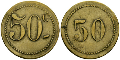 Франция 50 сантимов XIX-XX век ресторанный жетон латунь 4166-1225