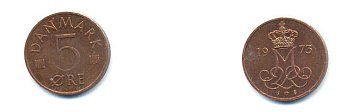Дания 5 эре 1973 S; B, Маргрете II (1972- ) KM 859.1 железо плакированное медью 4379-743