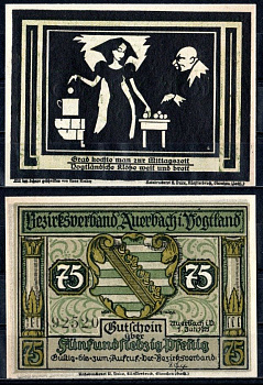 Ауэрбах-им-Фогтланд (Саксония) 75 пфеннигов 1921 Mehl Grabowski 53.2-5/6 бумага UNC (пресс) 7556-41-2-2