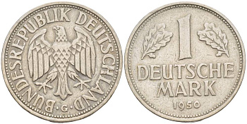 ФРГ 1 марка 1950 G KM 110, J. 385 медно-никель 4551-1232