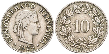 ШВЕЙЦАРИЯ 10 РАППЕНОВ 1925 В KM 27 медно-никель 3309-367