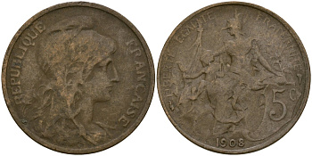 Франция 5 сантимов 1908 KM 842, Le Franc 119.5 бронза 51-1245