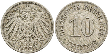 ГЕРМАНИЯ 10 ПФЕННИГОВ 1906 E KM 12, Jager 13, Weege 8 медно-никель 219-124